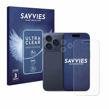 Front side of a product packaging with the brand logo Savvies. Next to it is the device Apple iPhone 17 Pro (Front+Camera) sho