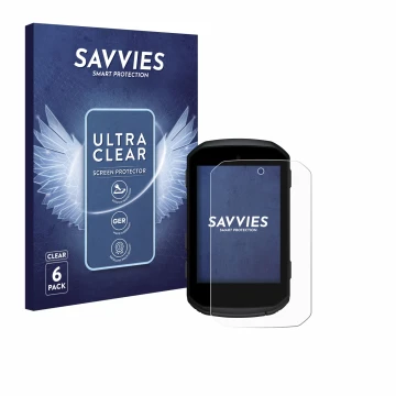 Front side of a product packaging with the brand logo Savvies. Next to it is the device Garmin Edge 550 shown with the corresp