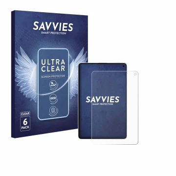 Front side of a product packaging with the brand logo Savvies. Next to it is the device Huawei MatePad Mini shown with the cor
