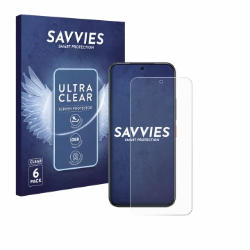 Front side of a product packaging with the brand logo Savvies. Next to it is the device Nubia Air shown with the corresponding