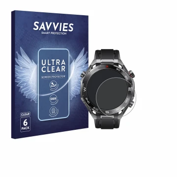 Front side of a product packaging with the brand logo Savvies. Next to it is the device Huawei Watch Ultimate 2 Black shown wi