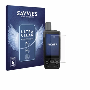 Front side of a product packaging with the brand logo Savvies. Next to it is the device Garmin GPSMAP H1 shown with the corres