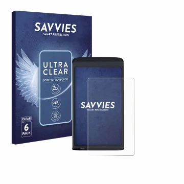 Front side of a product packaging with the brand logo Savvies. Next to it is the device Vasco Translator Q1 shown with the cor