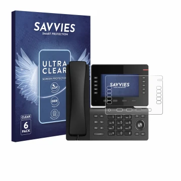 Front side of a product packaging with the brand logo Savvies. Next to it is the device Snom D865 shown with the corresponding