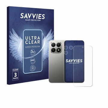 Front side of a product packaging with the brand logo Savvies. Next to it is the device Xiaomi 15T (Front+Camera) shown with t
