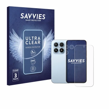 Front side of a product packaging with the brand logo Savvies. Next to it is the device Xiaomi 17 (Front+Camera) shown with th