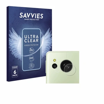 Front side of a product packaging with the brand logo Savvies. Next to it is the device Sharp Aquos Sense 8 (ONLY Camera) show