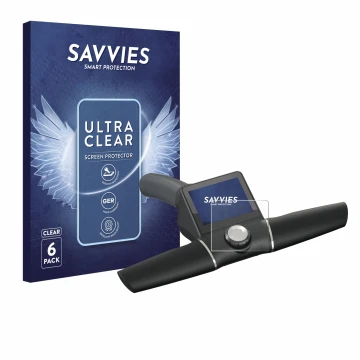 Front side of a product packaging with the brand logo Savvies. Next to it is the device Motocaddy M7 GPS Remote shown with the