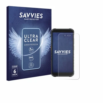 Front side of a product packaging with the brand logo Savvies. Next to it is the device Ulefone RugKing shown with the corresp