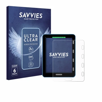 Front side of a product packaging with the brand logo Savvies. Next to it is the device Vakaros Atlas 2 / Edge shown with the 