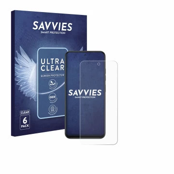 Front side of a product packaging with the brand logo Savvies. Next to it is the device Infinix Smart 10 shown with the corres