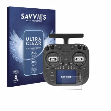 Front side of a product packaging with the brand logo Savvies. Next to it is the device Radiomaster TX15 Max shown with the co