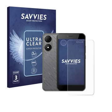 Front side of a product packaging with the brand logo Savvies. Next to it is the device HTC Wildfire E5 Life (Front+Camera) sh
