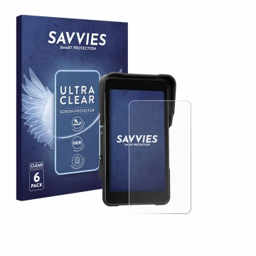Front side of a product packaging with the brand logo Savvies. Next to it is the device CAMECHO Motorrad Carplay 5