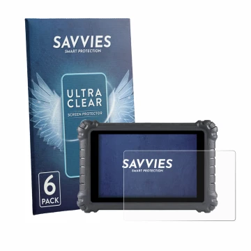 Front side of a product packaging with the brand logo Savvies. Next to it is the device Autel MaxiSys MS906 Pro shown with the
