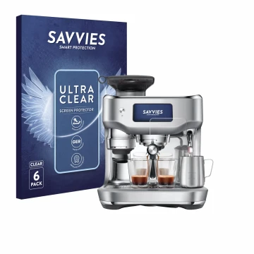 Front side of a product packaging with the brand logo Savvies. Next to it is the device Sage the Oracle Dual Boiler shown with