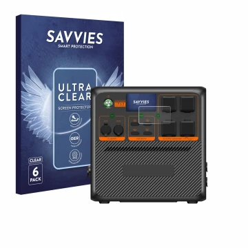 Front side of a product packaging with the brand logo Savvies. Next to it is the device Bluetti AC240P shown with the correspo