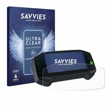 Front side of a product packaging with the brand logo Savvies. Next to it is the device Suzuki DR-Z4S 2025 shown with the corr