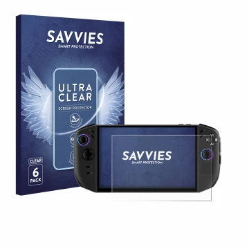 Front side of a product packaging with the brand logo Savvies. Next to it is the device Lenovo Legion Go Gen 2 shown with the 