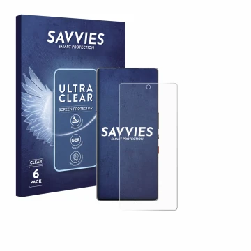 Front side of a product packaging with the brand logo Savvies. Next to it is the device ZTE Nubia Red Magic 11 Pro Plus shown 
