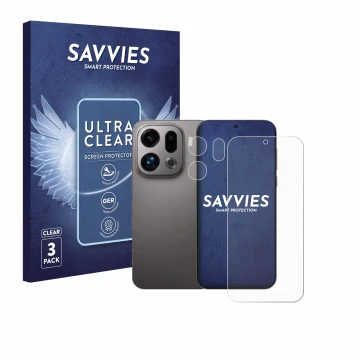 Front side of a product packaging with the brand logo Savvies. Next to it is the device Oppo Find X9 (Front+Camera) shown with