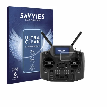 Front side of a product packaging with the brand logo Savvies. Next to it is the device Radiomaster GX12 shown with the corres