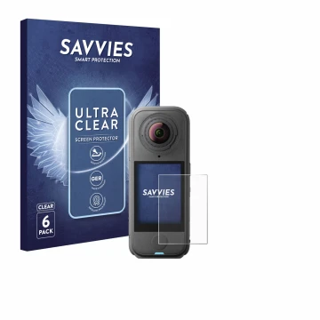 Front side of a product packaging with the brand logo Savvies. Next to it is the device Insta360 X4 Air shown with the corresp