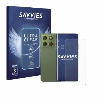 Front side of a product packaging with the brand logo Savvies. Next to it is the device Motorola Edge 70 (Front+Camera) shown 