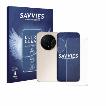 Front side of a product packaging with the brand logo Savvies. Next to it is the device Honor Magic 8 (Front+Camera) shown wit