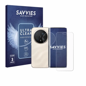 Front side of a product packaging with the brand logo Savvies. Next to it is the device Honor Magic 8 Pro (Front+Camera) shown