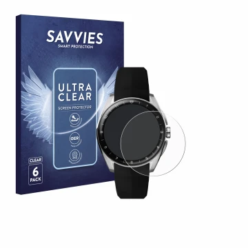 Front side of a product packaging with the brand logo Savvies. Next to it is the device TAG Heuer Connected Calibre E5 (40 mm)