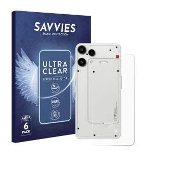 Front side of a product packaging with the brand logo Savvies. Next to it is the device Nothing Phone (3a) Lite (Back) shown w