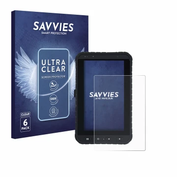Front side of a product packaging with the brand logo Savvies. Next to it is the device Winmate M700DQ8 shown with the corresp