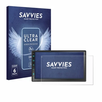 Front side of a product packaging with the brand logo Savvies. Next to it is the device Atoto F7 WE F7G2B7WE 7