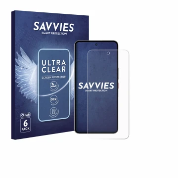 Front side of a product packaging with the brand logo Savvies. Next to it is the device Nubia Neo 3 GT 5G shown with the corre