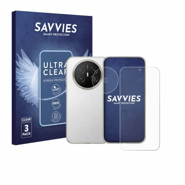 Front side of a product packaging with the brand logo Savvies. Next to it is the device Huawei Mate 70 Air (Front+Camera) show