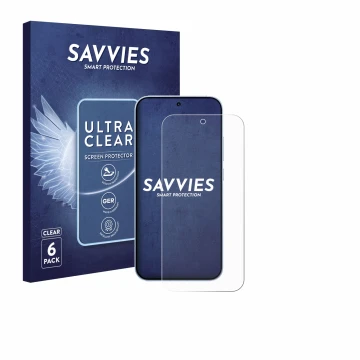 Front side of a product packaging with the brand logo Savvies. Next to it is the device Oppo Reno 15 shown with the correspond