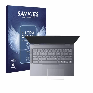 Front side of a product packaging with the brand logo Savvies. Next to it is the device Lenovo IdeaPad 5 2-in-1 14