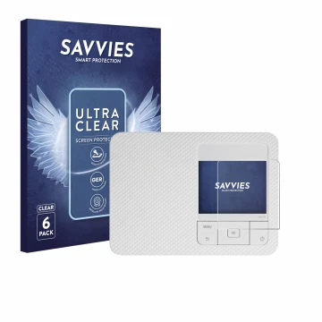 Front side of a product packaging with the brand logo Savvies. Next to it is the device Canon Selphy CP1500 Mini shown with th