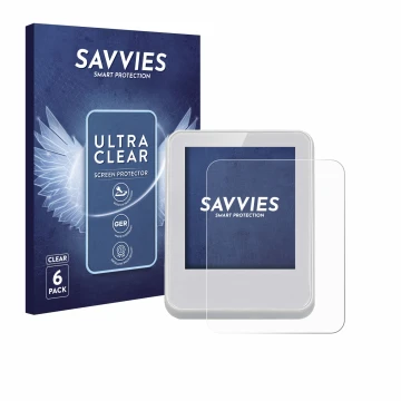 Front side of a product packaging with the brand logo Savvies. Next to it is the device Bresser ClimaTemp Digital Room Thermom