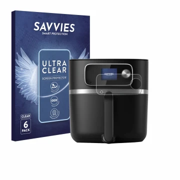 Front side of a product packaging with the brand logo Savvies. Next to it is the device Philips Airfryer HD9880/90 shown with 
