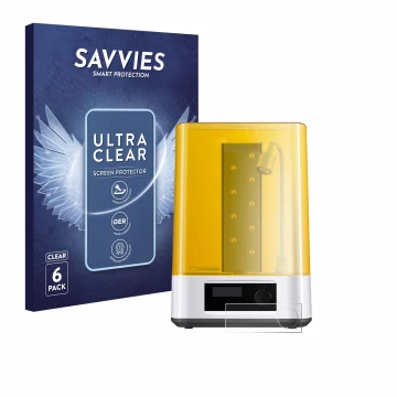Front side of a product packaging with the brand logo Savvies. Next to it is the device Anycubic Wash & Cure 3 shown with the 