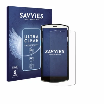 Front side of a product packaging with the brand logo Savvies. Next to it is the device Unitech EA510 shown with the correspon