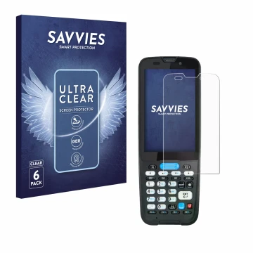 Front side of a product packaging with the brand logo Savvies. Next to it is the device Unitech HT330 shown with the correspon