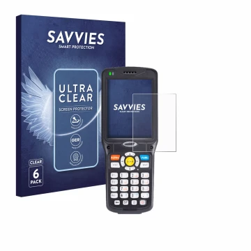 Front side of a product packaging with the brand logo Savvies. Next to it is the device Unitech HT510 shown with the correspon