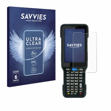 Front side of a product packaging with the brand logo Savvies. Next to it is the device Unitech HT730 shown with the correspon