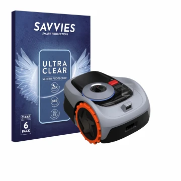 Front side of a product packaging with the brand logo Savvies. Next to it is the device Navimow i105E+ shown with the correspo