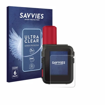 Front side of a product packaging with the brand logo Savvies. Next to it is the device Garmin inReach Mini 3 Plus shown with 