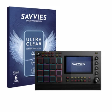 Front side of a product packaging with the brand logo Savvies. Next to it is the device Akai MPC Live III shown with the corre