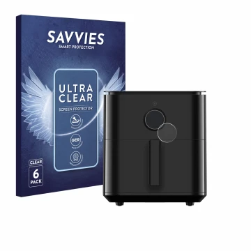 Front side of a product packaging with the brand logo Savvies. Next to it is the device Xiaomi Air Fryer 6.5 L shown with the 